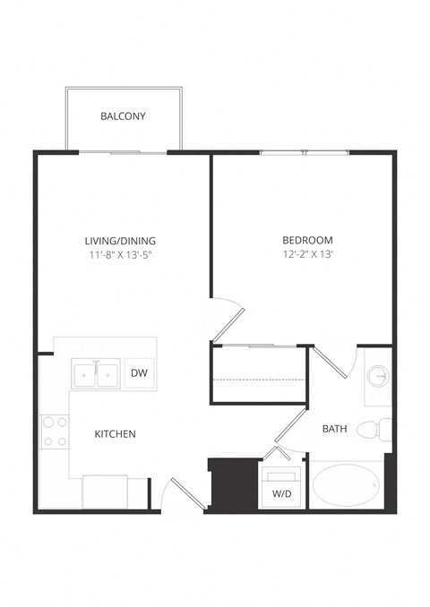 Floor plan for 1 bed, 1 bath, 625 sqft